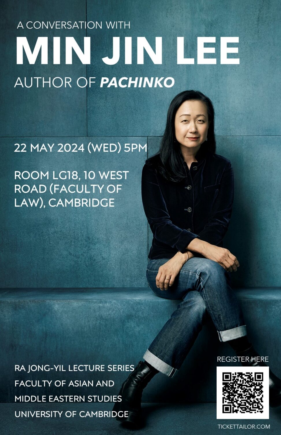A poster featuring writer Min Jin Lee, sitting, advertising her lecture at Cambridge University.